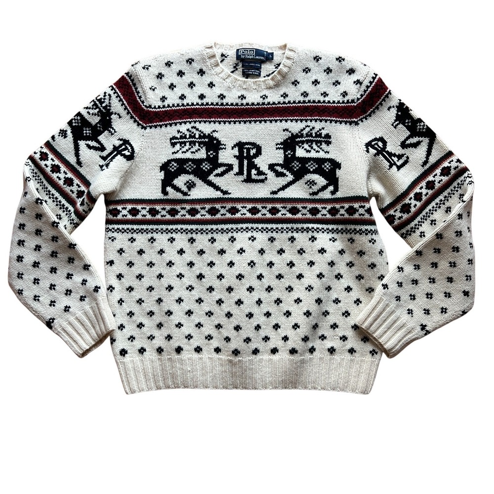 Vintage Polo Ralph Lauren Hand Knit Sweater L Reindeer Lambswool Fair Isle Xmas